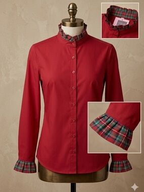 Pearly Vine Vibrant Red Casual Button Down Shirt with‎ Mandarin Collar Sz L NWT